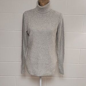 Cream Grey Marled Soft Turtleneck Sweater Wide Ribbed Hemline & Cuffs Cotton LG